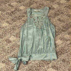 Forever 21 blue/green sleeveless top with beaded neckline and bow on waistline